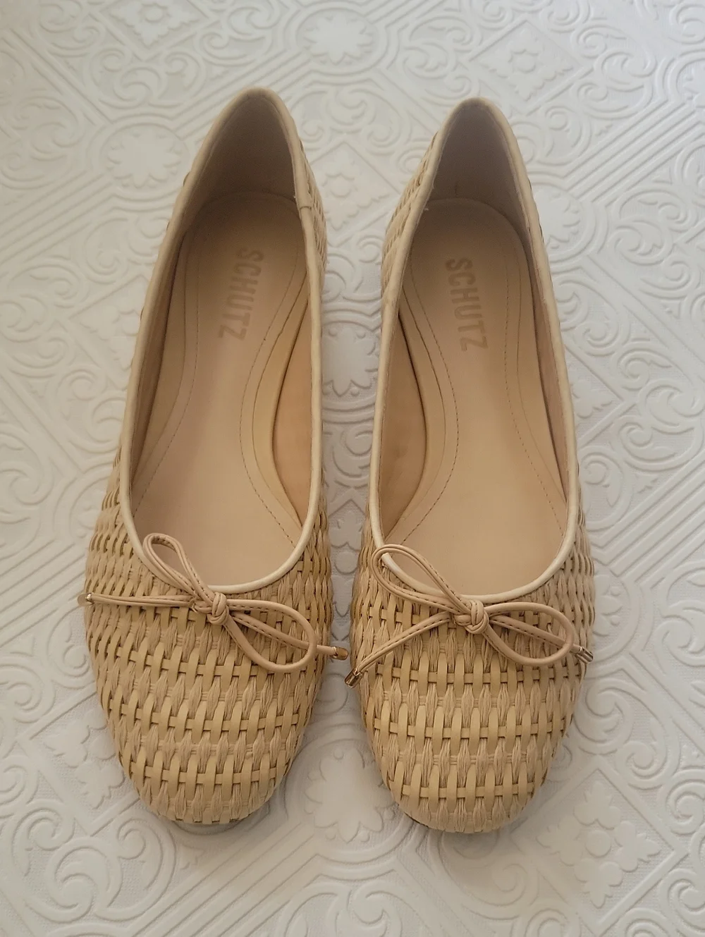 NEW Schutz Arissa Woven Straw Flats Bow Toe Natural Nude Cream Tuckernuck 6.5